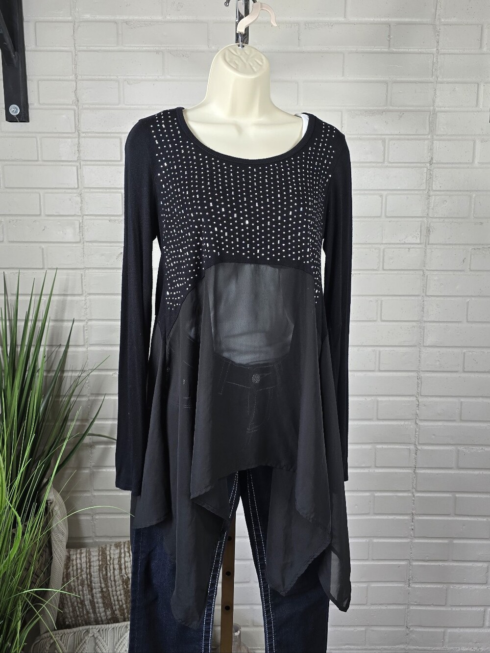 Vocal Black Long Sleeve Studded Asymmetrical Tunic Size Small